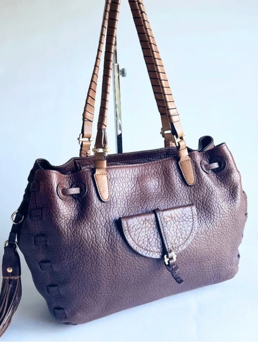 Ellen Tracy Tan Brown Pebble Genuine Leather Handbag Shoulder Bag.